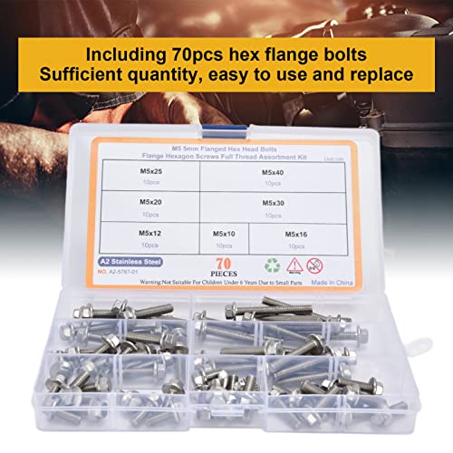 Flanged Hex Head Bolts 70 Pcs M5 Flange Hexagon Screws Stainless Steel Flanged Hex Head Bolts Assortment Kit Hardware Accessory