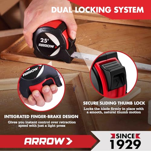 Arrow 25FT Tape Measure, Easy Read Measuring Tape with Dual Locking System 1