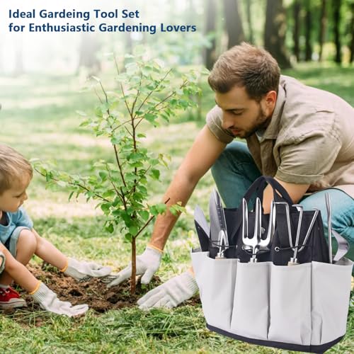 Garden Tool Set, Stainless Steel Gardening Kit, with Large Capacity Garden Tool Bag, Outdoor Hand Tools, Black Grey Garden Tool Kit for Women and Men Black &Grey