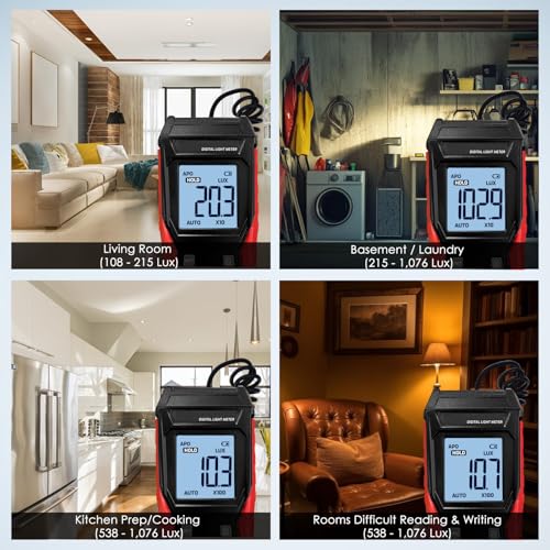 Digital Light Meter, Handheld Illuminance Meter with 360° Rotating Sensor, 0~200,000Lux Range Luxmeter with 4 Digit LCD Display, Data Hold, Max/Min for Plants, Photography, Headlights, Home, Office