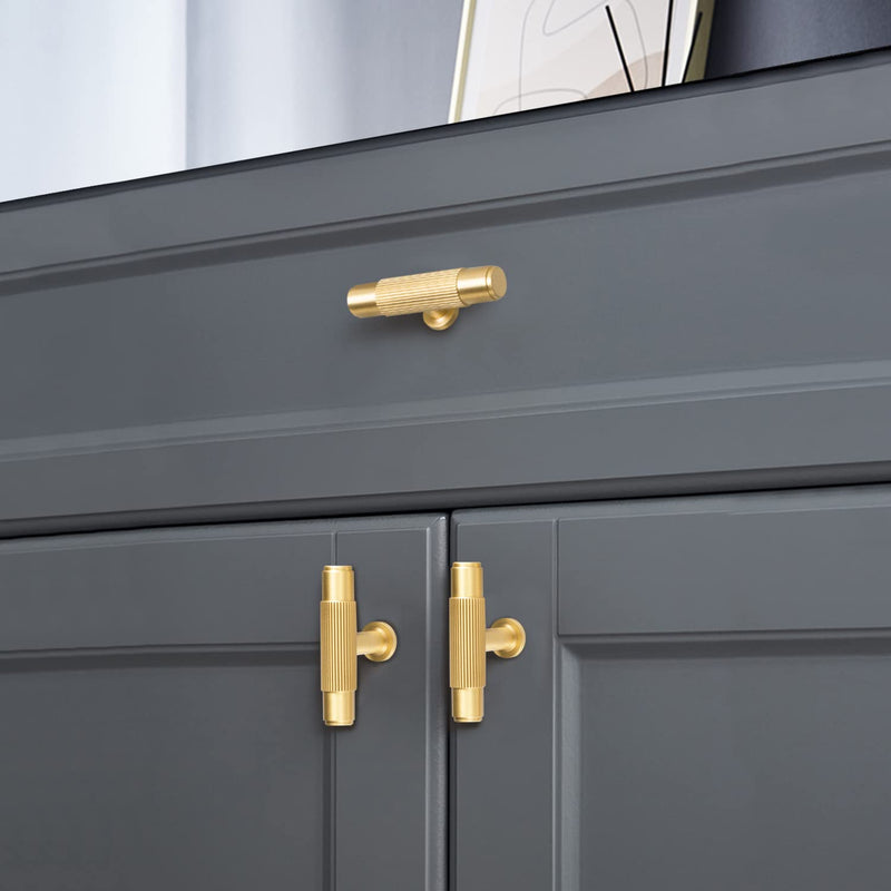 SALISENG - 6 Pack Brushed Gold Drawer Knobs, Solid Brass Dresser Kitchen Bathroom Cabinet Pulls, 2.08 Inch T Bar Handles Furniture Hardware for Cupboard Closet