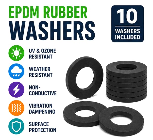 1/4" ID x 1-1/2" OD x 1/16" EPDM Rubber Flat Fender Washers, Non-Conductive Washers for Electrical Panels, Control Cabinets, Junction Boxes & Equipment Enclosures (10 Pack) 10
