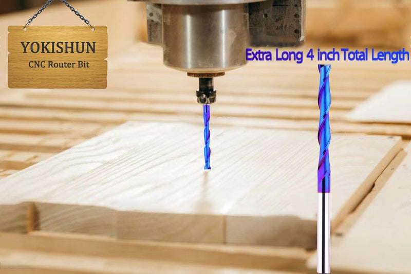 Extra Long 4 Inch Upcut Spiral CNC Router Bit 1/4 Inch Shank,2 Inch Cutting Length Solid Carbide with NACO Coating End Mill for Wood Cut, Trimming, Carving,Engraving Up Cut x 4" OVL
