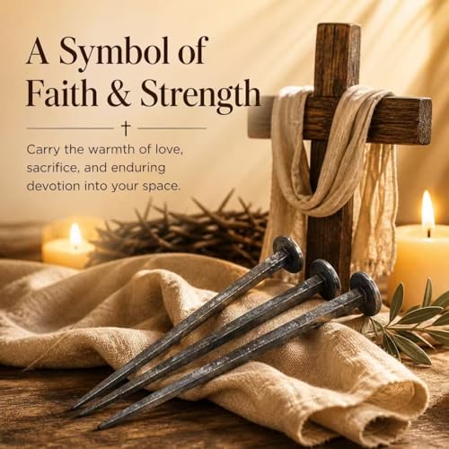 3 Pcs Hand Forged Crucifixion Nails, Wrought Iron Nails for Jesus Cross, Religious Decor & Easter Displays, Flat Head Nails with Natural Rust & Forged Oxide Layer, Original Grey Iron Finish 1