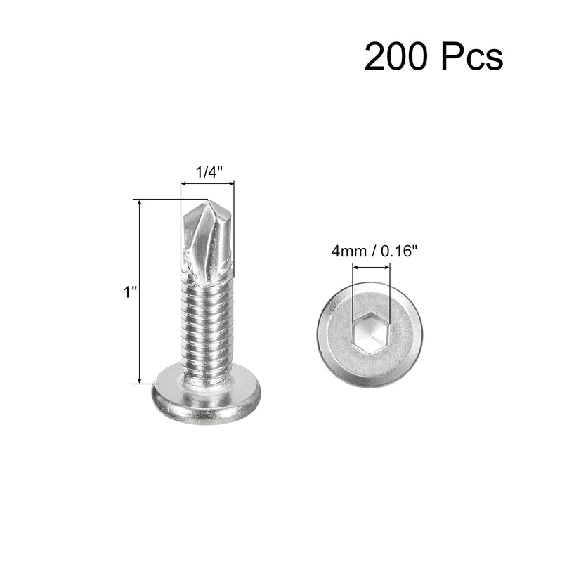 uxcell 200Pcs Hex Socket Self Tapping Screws, 1/4" x 1" 410 Stainless Steel Flat Head Sheet Metal Drilling Screws, Silver 1/4" x 1" 200