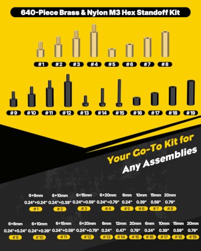 Vibit 640 Pcs M3 Brass and Nylon Standoff Kit, Male-Female & Female-Female Hex Motherboard Standoffs PCB Standoffs with Spacers Screws & Nuts, Hex Standoff Screws Assortment Kit for Circuit Boards M3,640Pcs(Nylon&Brass)