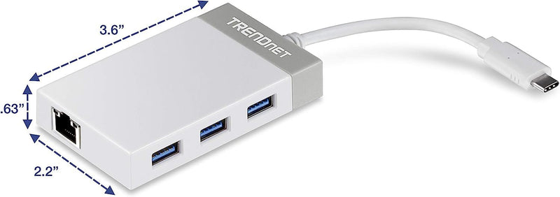 TRENDnet USB C to Ethernet Gigabit Adapter, TUC-ETGH3, Compact USB Type C Hub, 3 x USB 3.0 Ports, 1 x RJ-45 Gigabit Ethernet Port, Windows and Mac Compatible, White USB-C 1 x Gigabit| 3 x USB