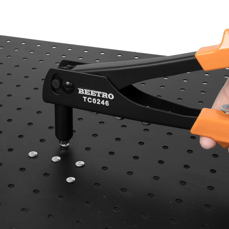 BEETRO Heavy Duty Hand Riveter, Rivet Gun, 3/32"-1/8"-5/32"-3/16", 4 Nosepieces Set Includes 100pcs Rivets, Durable and Suitable for Metal, Plastic and Leather 10.5'' Rivet Gun