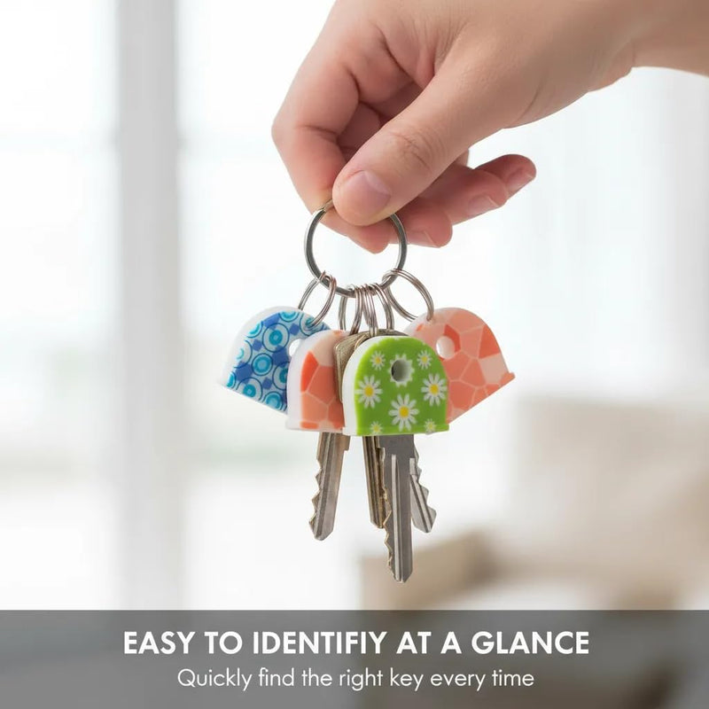 6Pcs Unique Key Covers Caps Silicone Decorative Head Protector Set | Patterned flexible silicone key caps slip over flat keys to prevent scratches for students carrying keychains. 6pcs Printed Pattern