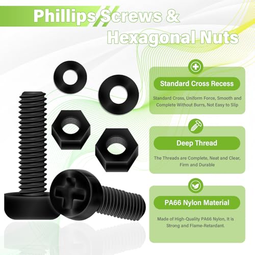 90 Pieces/30 Sets 20mm M8x20 mm Nylon Black Screw Nut Washer Kit M8*20 mm Black Phillips Head Screws