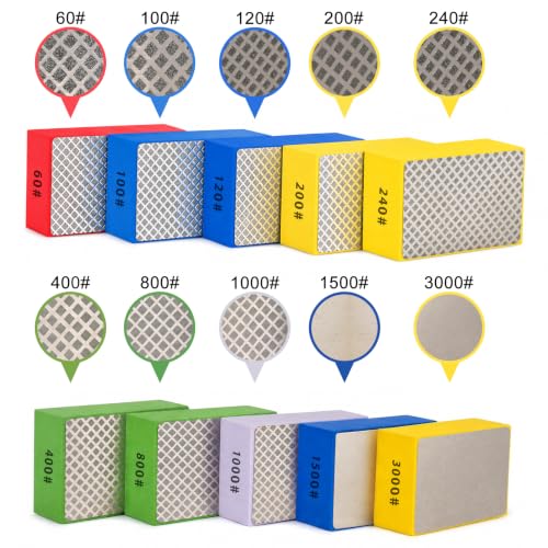 6PCS Diamond Hand Sanding Blocks Polishing Pads, 60# 120# 240# 400# 800# 1000# Grit for Tile Ceramic Glass Pottery 6PCS-60-120-240-400-800-1000#