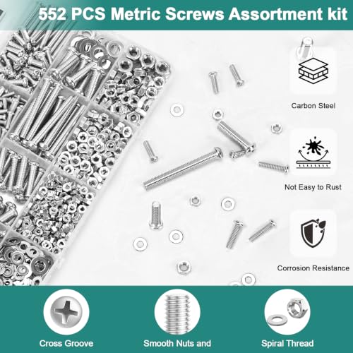 552 Pcs Metric Screws Nuts and Bolts Assortment Kit, M3 M4 M5 M6 Set Screws Silver