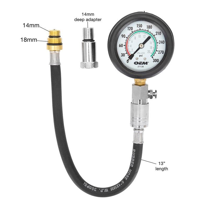 OEMTOOLS 37138 Compression Tester Gauge Set, Compression Tester Automotive, Engine Compression Tester with Flexible Hose, 14mm and 18mm Adapters