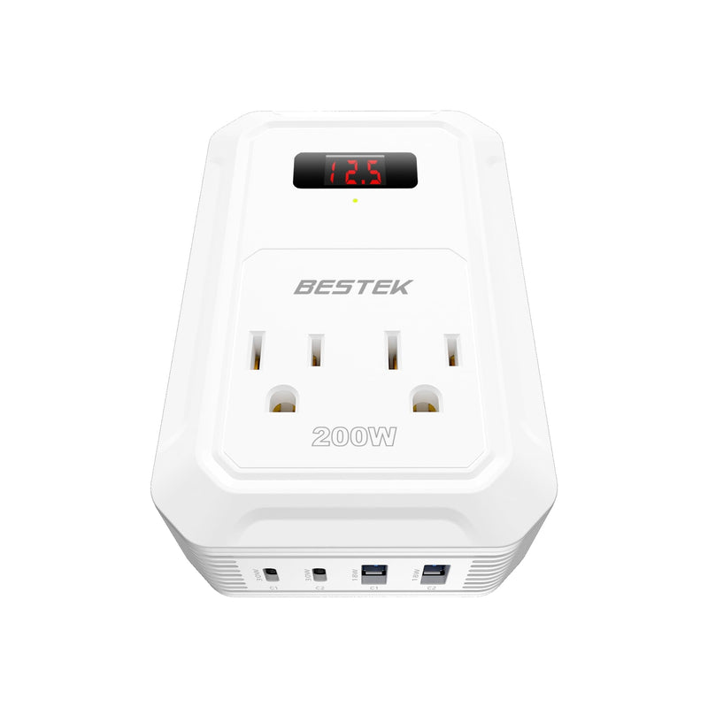 BESTEK 200W Car Power Inverter - DC 12V to 110V AC Converter with 2 USB-C(30W) and 2 USB-QC(18W) - Fast Car Charger Adapter with LCD Screen, Dual AC Adapter for Laptops White