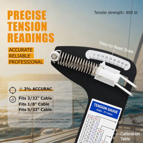 PT-1M Sailboat Rigging Tension Gauge, 800 lb Professional Hands-Free Force Gauge for 3/32", 1/8" & 5/32" Wire Cable, Marine Tension Gauge for Standing Rigging with Stainless Steel Anti-Loss Lanyard