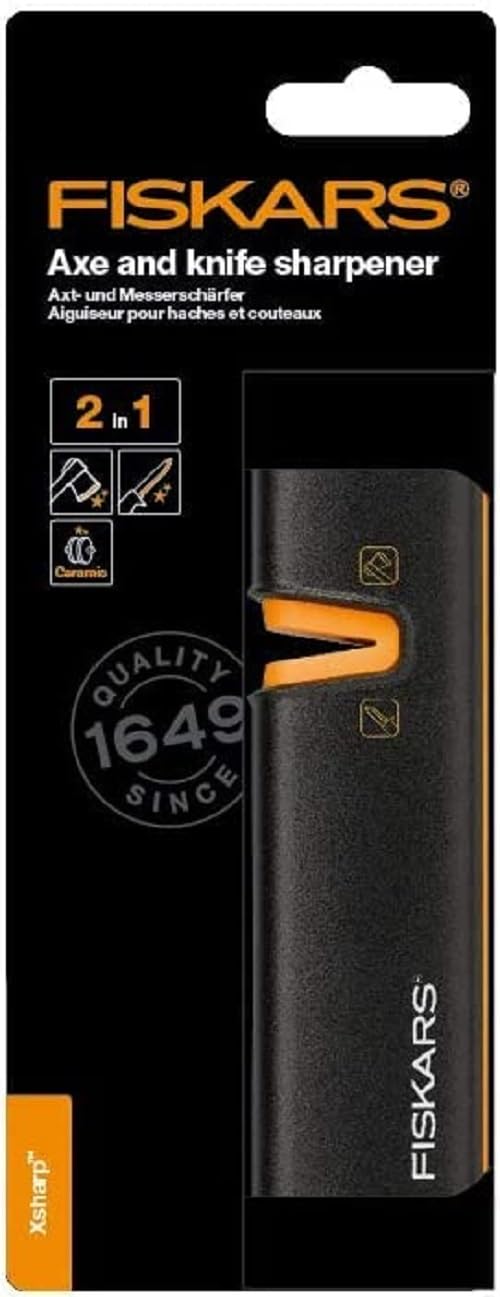 Fiskars XSharp Axe and Knife Sharpener, Ceramic sharpening stone/Fiberglass reinforced plastic case, Black/Orange, 1000601 16.5 x 3.5 x 3.7 cm