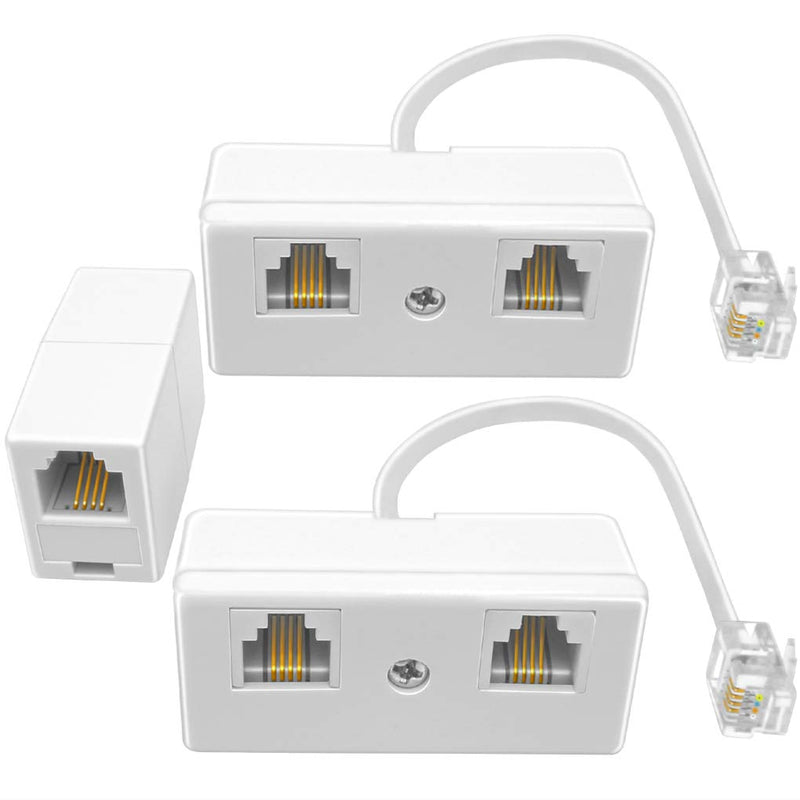 2+1Pack 2pcs Phone Jack Splitter 1 to 2 RJ11 6P4C 1 Male to 2 Females with 6in Pigtail and 1pc Phone Line Coupler for Landline and Fax White