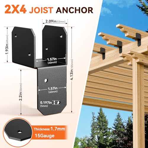 4Pcs 2x4 Joist Anchor Connector - Heavy Duty Steel Post Cap Tie Brakcet, 15 Gauge Carbon Steel, Post to Beam Connector Fits 2x4 Lumber(Actual Size 1.5"x3.5") 4 pcs