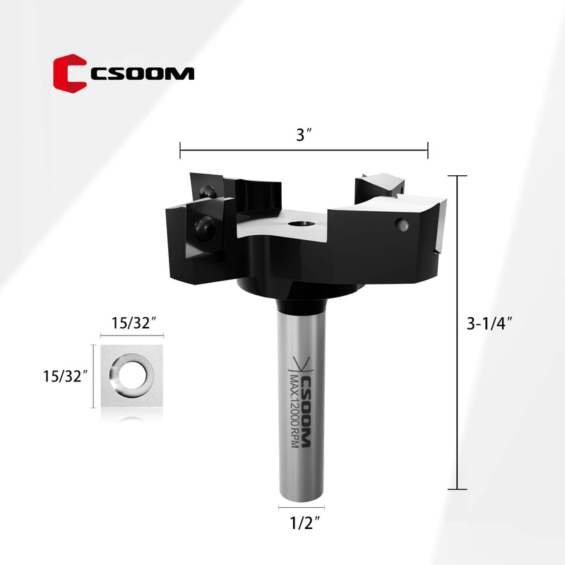 CSOOM CNC Spoilboard Surfacing Router Bit 1/2" Shank 3" Cutting Diameter,4 Wings Coated Carbide Insert Slab Flatting Router Planer Bit Wood Planing Bit Woodworking Tools 3" 4 wings