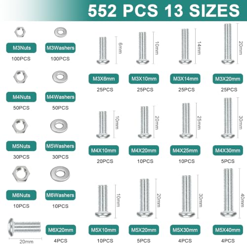 552 Pcs Metric Screws Nuts and Bolts Assortment Kit, M3 M4 M5 M6 Set Screws Silver