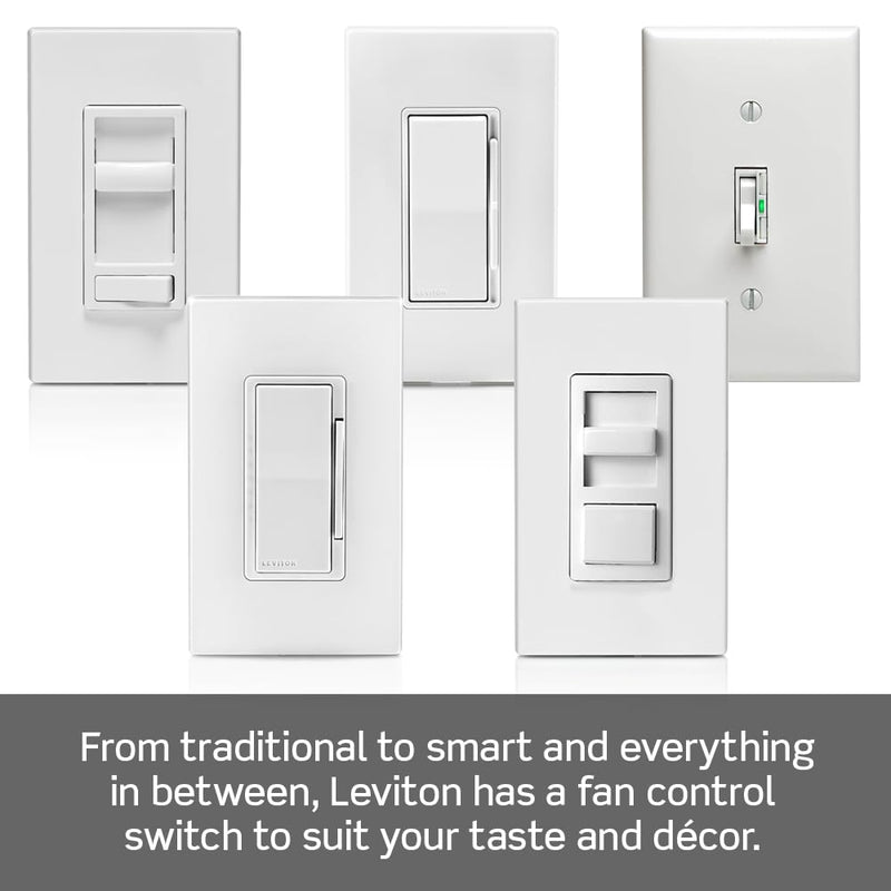 Leviton Decora Slide Ceiling Fan Wall Switch, Quiet 3-Speed Fan Control, 1.5 Amps, DSF01-10Z, White with Ivory and Light Almond Faceplates 1 Pack
