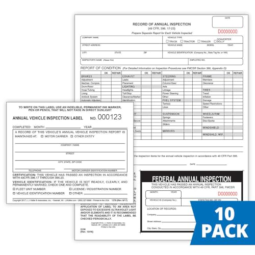 J. J. Keller Record of Annual Inspection Form with Inspection Label10-Pack 10-pack