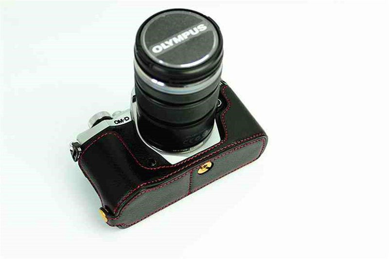 E-M5 Mark II Case, BolinUS Handmade Genuine Real Leather Half Camera Case Bag Cover for Olympus OM-D E-M5 Mark II Bottom Opening Version with a Free Genuine Real Leather Hand Strap - Black
