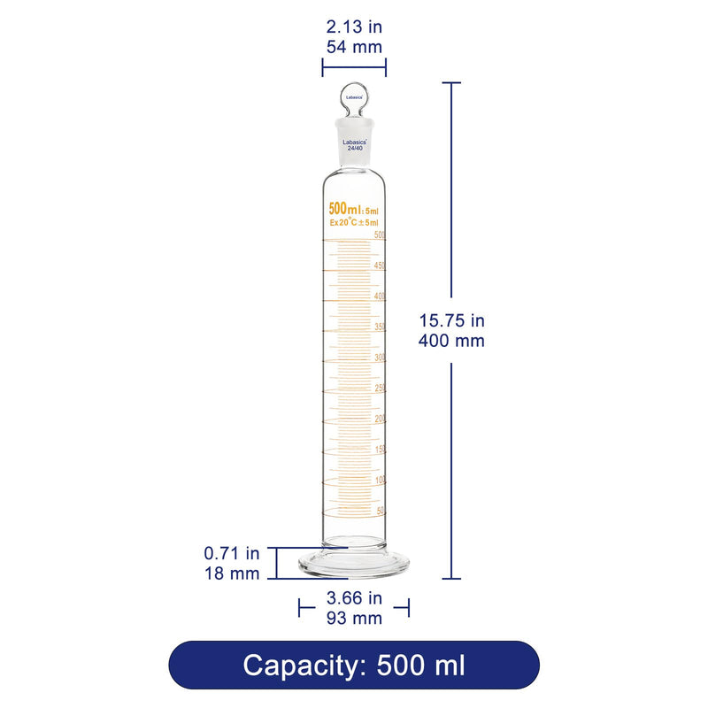 Labasics Graduated Cylinder with Stopper, 500 ml Borosilicate Glass Measuring Cylinder with 24/40 Standard Ground Joint Stopper, Durable Laboratory Glassware for Accurate Liquid Measurement