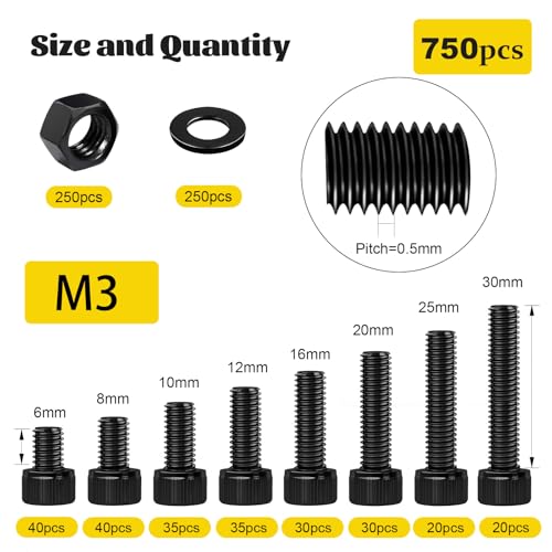 750PCS M3 Hex Socket Screw Assortment Kit,M3x6/8/10/12/16/20/25/30 mm M3 750pcs