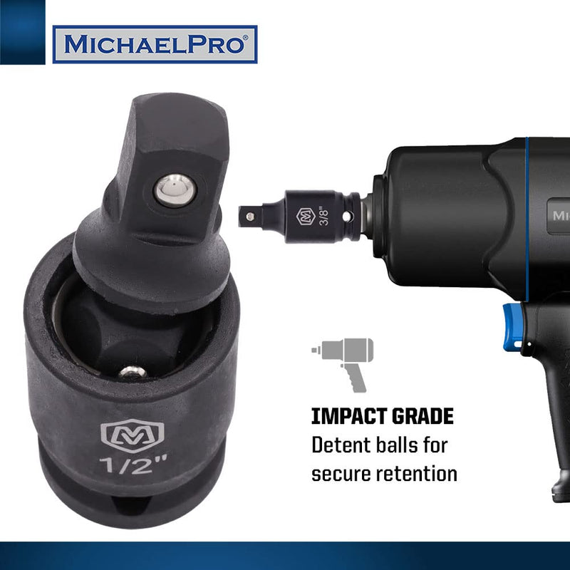 MichaelPro 3-Piece Impact Grade Universal Joint Swivel Socket Adapter Set, 1/4'', 3/8'', 1/2'' Drive, Cr-Mo Alloy Steel, 360-Degree U-Joint Sockets, Access Hard-to-Reach Fasteners - MP005026