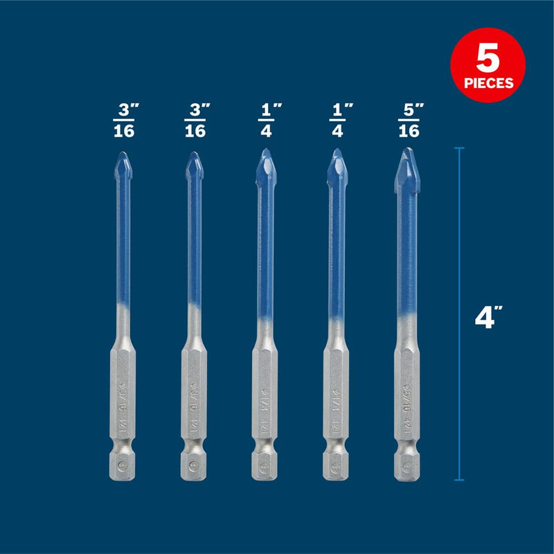 BOSCH PTBX05 5 pc. Porcelain Tile Drill Bit Set 5 Bits Assorted Porcelain