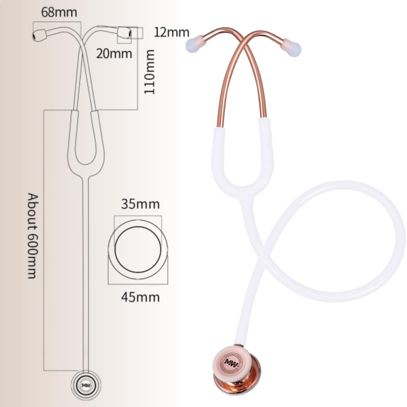 MaiWieel-Classic Monitoring Stethoscope Professional Dual Head Rose Gold Stethoscopes For Nurse,Doctor,Vet,Home Medical,EMT,Double-Sided Stainless Chestpiece,Flexible Tubing & Soft Sealing Eartips(White Gold) Rose Golden-White