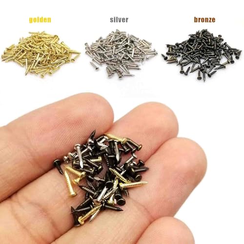 Small Tiny Wooden Nails for DIY Craft Projects, Antique Repairing Nails, Mini Boxes Decorative Accessories, 1/2inch 1/3inch 1/4inch, 1600pcs Gold/Silver/Bronze Hardware Nails Bronze/Gold/Silver