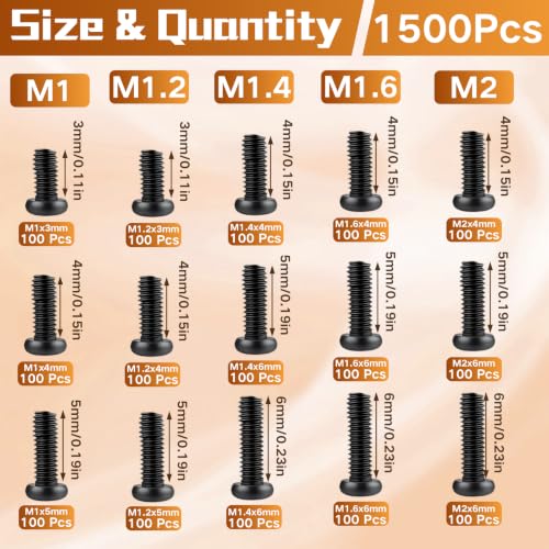 VAPKER 1500Pcs Tiny Screws M1 M1.2 M1.4 M1.6 M2 Round Pan Head Mini Machine Screw Metric Phillips Drive Black Oxide Carbon Steel Micro Screw for Laptop Eyeglass Watch Repair
