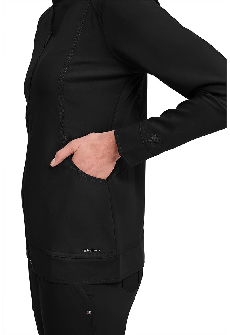 Healing Hands Women's Scrub Jacket, Zip-Up Front with 2-Way Stretch Comfort & Big Kangaroo Pockets 5038 Black X-Large