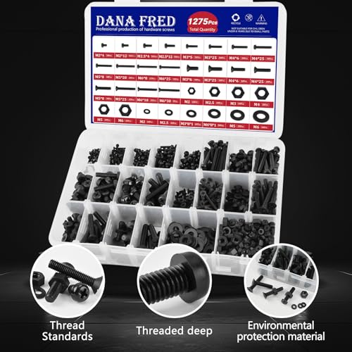 1275pcs Black Nylon Phillips Pan Head Bolt Nut Washer Kit,M2-M6 Black Plastic Flat Pan Head Machine Screws Nuts Washers for Micro Controller Board Building,Insulate or Fasten PCB Board