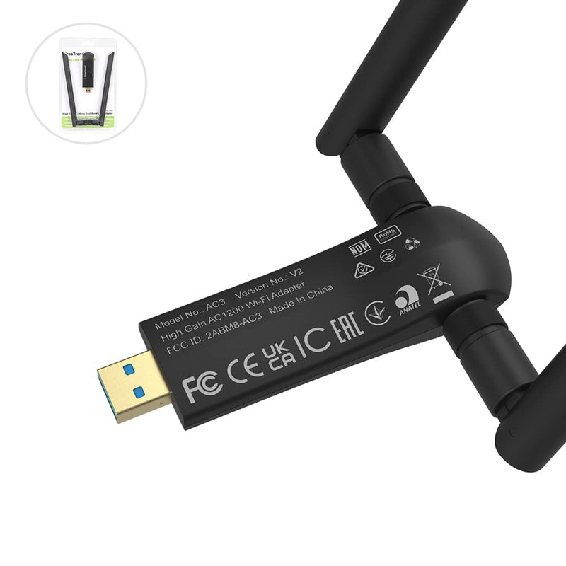 BrosTrend 1200Mbps Long Range USB WiFi Adapter for PC Desktop Laptop of Windows 11/10/8.1/8/7, Wireless Adapter Dual Band 2.4GHz 300Mbps + 5GHz 867Mbps, 2X 5dBi High Gain Antennas, USB 3.0 Cradle