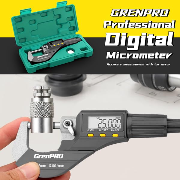 Digital Micrometer Measuring Tool, Professional Inch/Metric Precision Thickness Gauge with Extra Battery, DIY and Household Use 0.00005"/0.001 mm Accuracy Micrometers Machinist Tools 0-25mm
