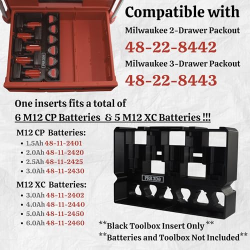 Custom ABS Plastic Insert for Milwaukee M12 Batteries, One Insert Fits 6 CP Batteries & 5 XC Batteries in a half drawer of a Milwaukee Packout 48-22-8442 & 48-22-8443 (Black) Black
