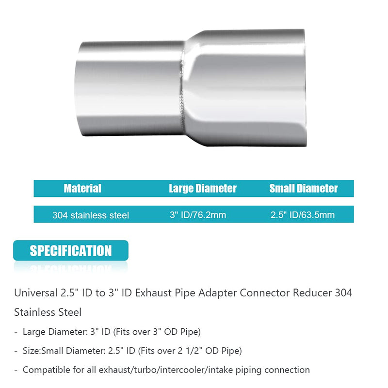 Universal 2.5" ID to 3" ID Exhaust Pipe Adapter Connector Reducer 304 Stainless Steel 2.5 Inch to 3.0 Inch 2 1/2” ID to 3.0” ID kit 2PCS