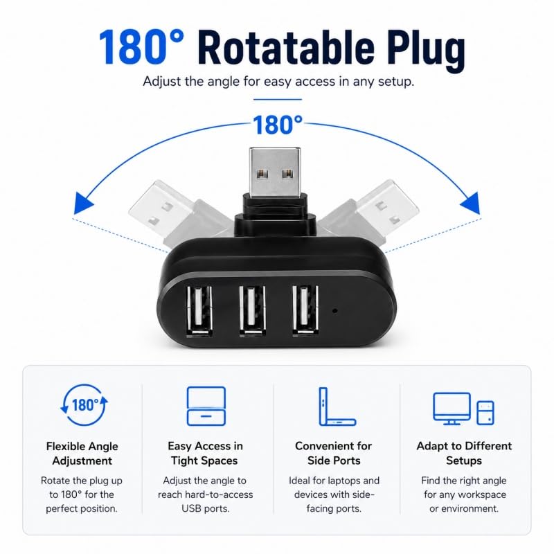 3-Port USB Hub Splitter Adapter Rotating Compact Plug and Play Swivel Design No Battery Required for Laptops PCs Travel, Black