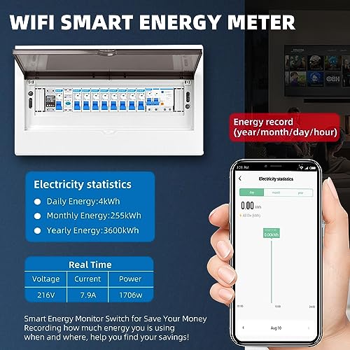 TUYA WiFi Smart Circuit Breaker Power Metering Energy Meter KWh 1P 230V 63A Voltmeter Ammeter Energy Meter DIN Rail Smart Life Wireless Remote Control Switch Timer Voice Control (20A) 20A