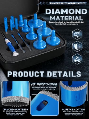 15‑Piece Diamond Hole Saw Kit, 1/4"‑2" Diamond Core Drill Bits Set, Includes 3/16" Multi‑Tooth Carbide Drill Bits & Manual Screwdriver for Tile, Ceramic, Marble, Glass