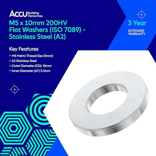 Accu - M5 x 10mm 200HV Flat Washers (ISO 7089) - Stainless Steel (A2) (Pack of 200) 200HV Stainless Steel