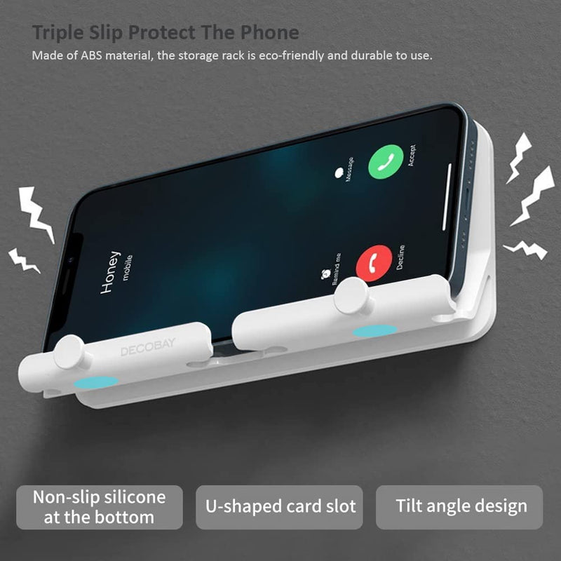D2 Wall Mount Phone Holder, Hands Free Phone Holder with Adhesive and Data Cable Receiving Hole for Shower, Charging, RV, Compatible with iPhone, Smartphone Cables, Keys and More (White)