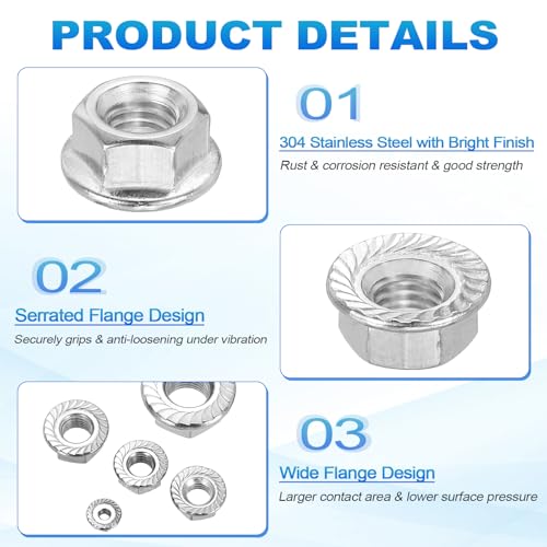 100Pcs Serrated Flange Hex Nuts-M8-1.25-Coarse 304 SS Bright Finish Silver M8-1.25 100