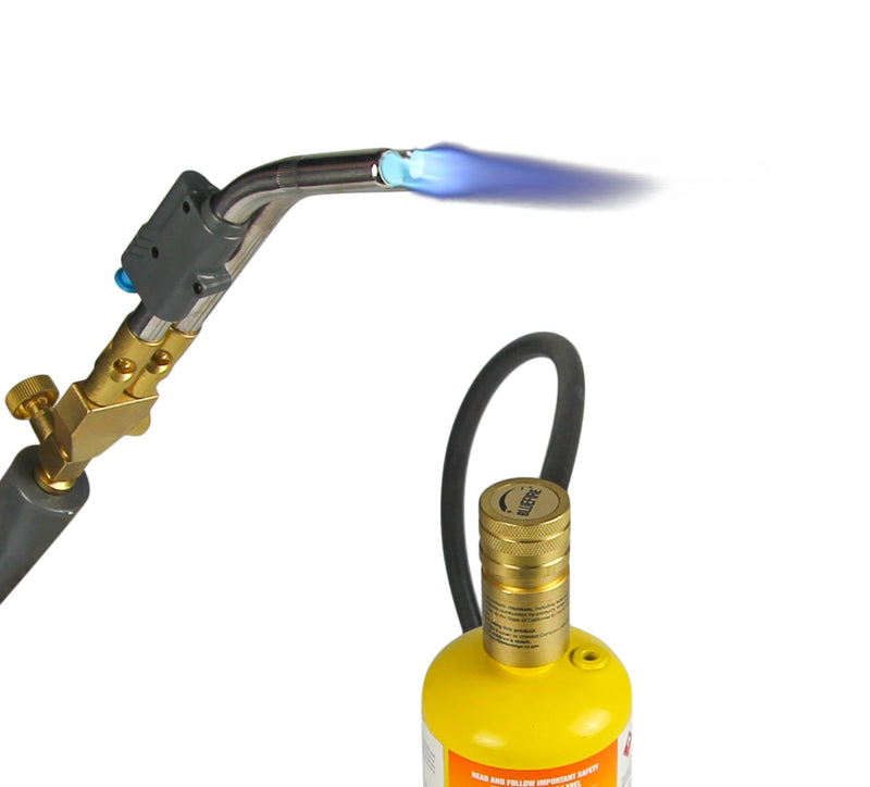 BLUEFIRE HZ-8150 Double Heads Swirl Flame Self-Ignition Hosed Turbo Torch 5' long Hose Trigger Start MAPP MAP Propane Welding Blowtorch Nozzle for brazing large diameter copper pipes, Torch Only Hosed Torch Only