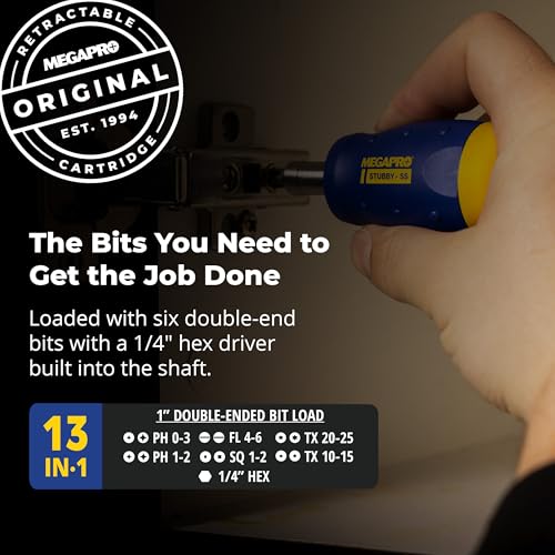 MEGAPRO® 13-in-1 Stubby Multi-Bit Screwdriver | Compact Driver | Small Screwdrive | Multi-bit Screwdriver for Tight Spaces