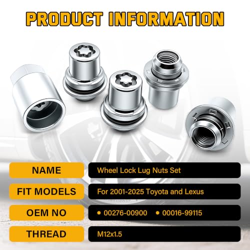 Anti Theft Wheel Lock Lug Nut Set M12 x 1.5 Compatible with Toyota Camry Tacoma Corolla Highlander Avalon RAV4 Sienna Venza Celica Prius Matrix CHR Mirai Lexus RX350 IS250 ES350 NX200T, 00276-00900