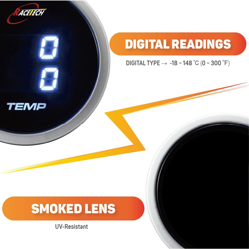 MOTOR METER RACING 52mm 2-1/16" Digital Dual Temperature Gauge °F Inside & Out Blue LED for Oil Water Temp Racetech Dual Oil/Water Temp